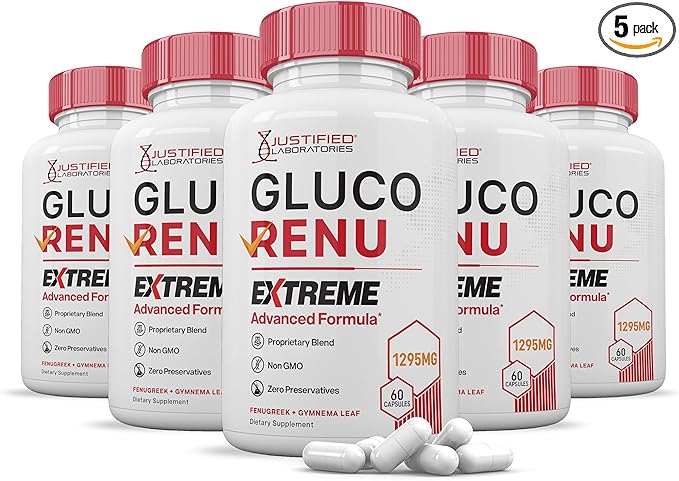 (5 Pack) Gluco Renu Extreme 1295MG Glyco Support Pills Advacned Formula Gluo Renew Glycogen Support Formulated with Turmeric Berberine Resveratrol Garlic Bitter Melon Milk Thistle 300 Capsules