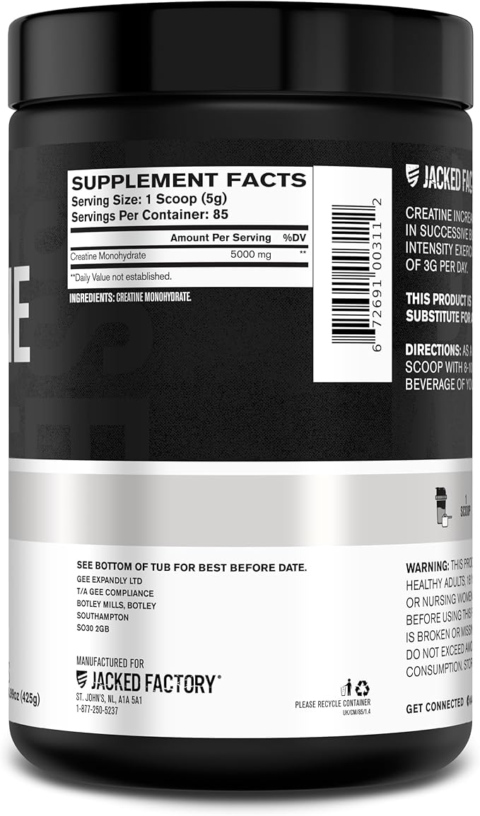 Jacked Factory Creatine Monohydrate Powder 425g - Creatine Supplement for Muscle Growth, Increased Strength, Enhanced Energy Output and Improved Athletic Performance 85 Servings, Unflavored