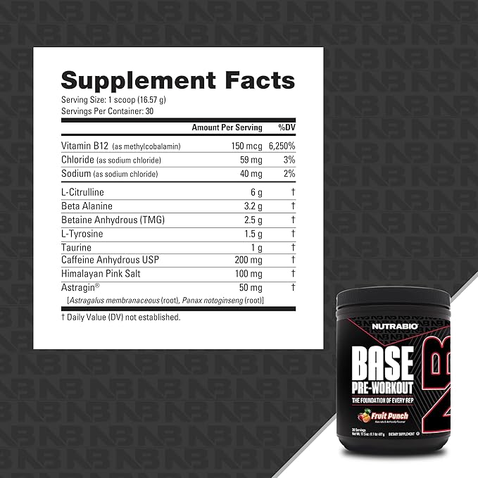 NutraBio Base Pre-Workout Powder 200mg Caffiene, Sustained Energy, Focus, Endurance, Pump, Sugar Free, Clean Preworkout for Men and Women - Beta Alanine, L-Tyrosine, 30 Servings - Fruit Punch