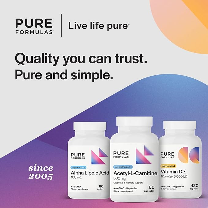 PureFormulas Acetyl L-Carnitine Cognitive & Memory Support L Carnitine Supplement for Brain, Focus, & Calmness Alcar, 500mg Dairy Free Non-GMO 60 Capsules