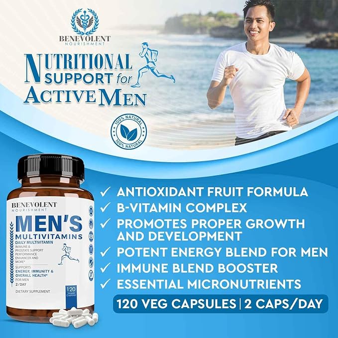 Benevolent Nourishment Multivitamin for Men - Supports Energy & Overall Health - Essential Daily Vitamins for Men, Biotin, Magnesium, Zinc & Antioxidant for Immune Health - Non-GMO,120 Caps