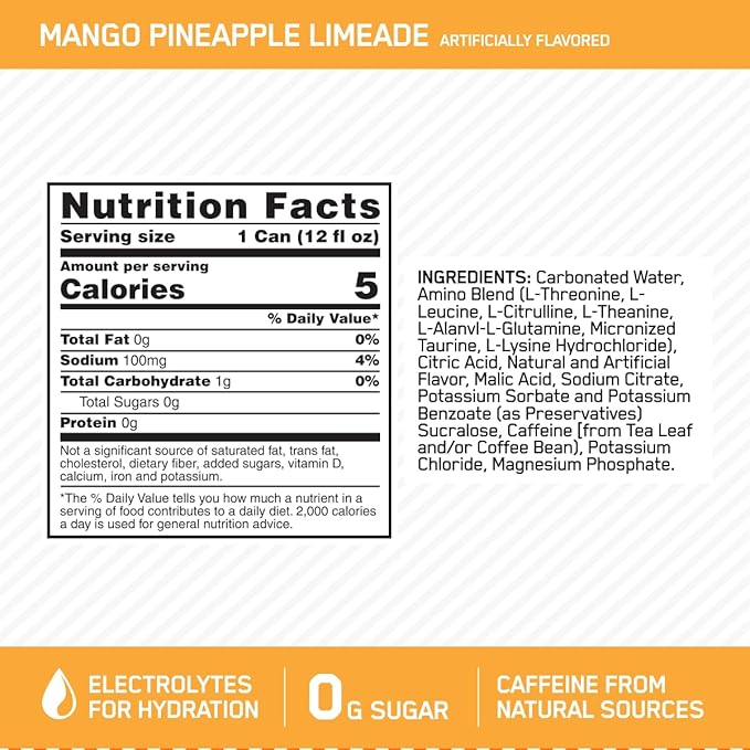 Optimum Nutrition Amino Energy Sparkling Hydration Drink, Electrolytes, Caffeine, Amino Acids, BCAAs, Sugar Free, Mango Pineapple Limeade, 12 Fl Oz, 12 Pack (Packaging May Vary)