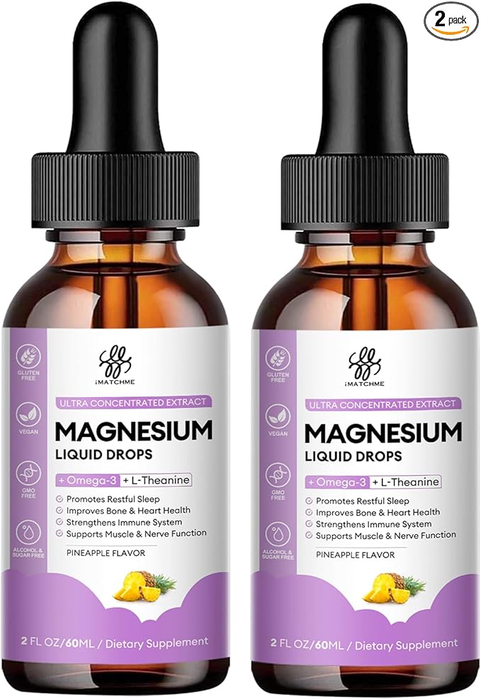 (2 Pack) Magnesium Glycinate Liquid Drop with Citrate, Oxide and Taurate, Calm Magnesium with Omega3, L-Theanine, D3, B6, B12 for Calm, Sleep, Leg Cramps, Muscles, Energy, Sugar-Freek Pineapple Flavor