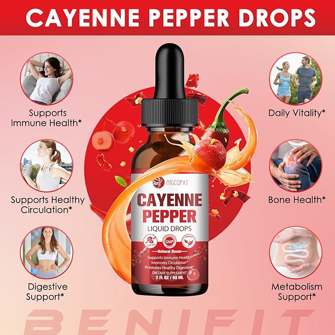 Cayenne Pepper Drops Supplement Liquid with Vitamin D3 K2, Hawthorn Berry, Organic Beet Root, Ceylon Cinnamon, Coenzyme Q10, Berberine, Ginseng Extract Supports Immune Health, 2 FL.OZ
