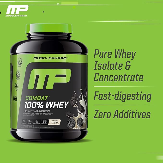 MusclePharm Combat 100% Whey Protein Powder, Cookies ‘N’ Cream Flavor, Fast Recovery & Muscle Gain with Whey Protein Isolate, High Protein Powder for Women & Men, Gluten Free, 5 lb, 70 Servings