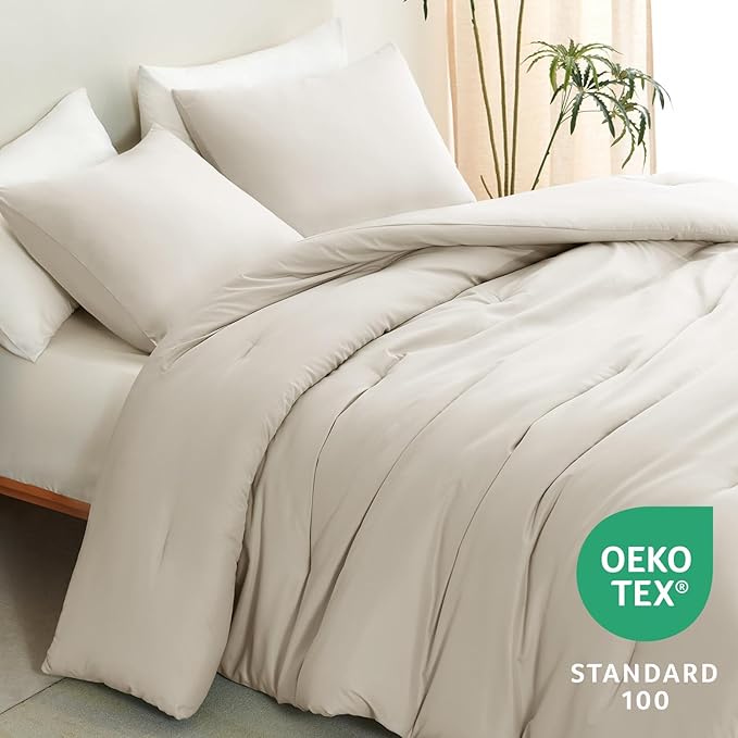 CozyLux Beige Comforter Set King Size, 3 Pieces Boho Solid Breathable Quilted Style Bedding Sets, Luxury Fluffy Soft Microfiber Comforter for All Season(1 Comforter & 2 Pillowcases)