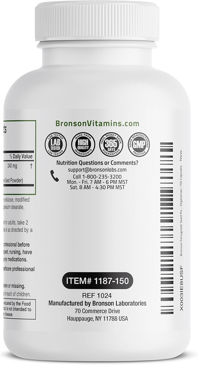 Bronson Fenugreek Seed Powder Capsules Extra Strength, Trigonella Foenum-Graecum, Non-GMO, Soy-Free, Vegetarian, 150 Capsules