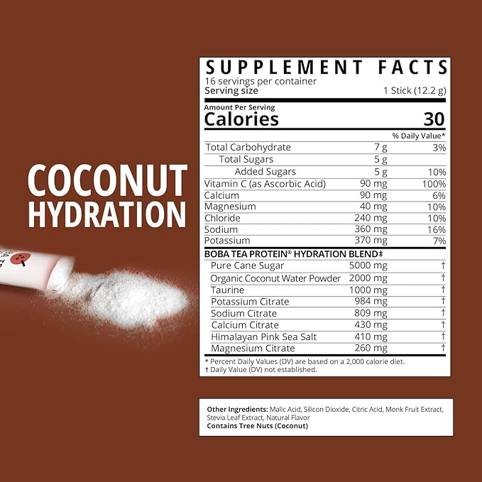 Boba Tea Hydration | Electrolyte Powder Drink Mix | Coconut Water | 1000mg Electrolytes, Vitamin C | 16 Stick Packets