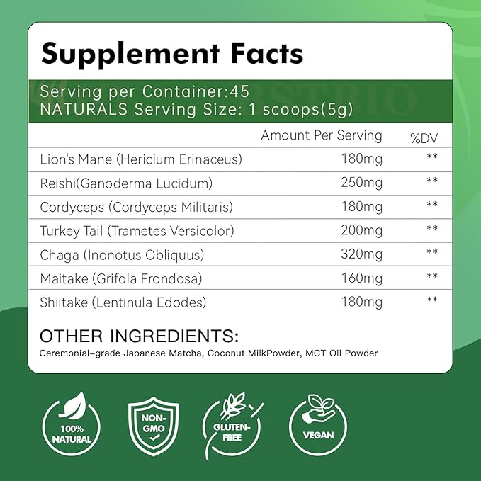 Mushroom Matcha 8 Oz | Ceremonial-Grade Japanese Matcha with 7 Adaptogenic Superfood Mushrooms, MCT Oil, Coconut Milk Powder, Natural, Gluten Free, Instant Powder for Energy, Focus, Digestion, Immunity, 45 Servings