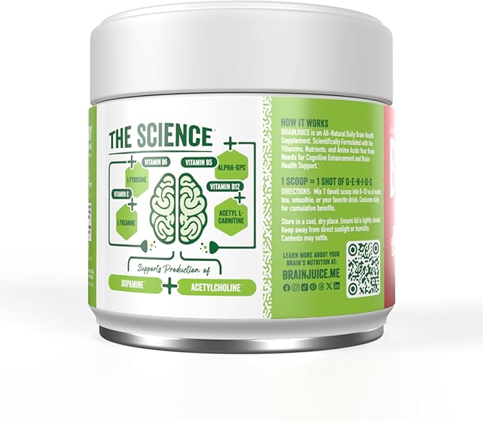 BrainJuice Nootropics Brain Support Supplement, Gluten Free Powder for Energy and Focus, Drink Mix with L Theanine, Alpha GPC, Vitamin B, Organic Green Tea Extract Caffeine, Pomegranate, 15 Servings