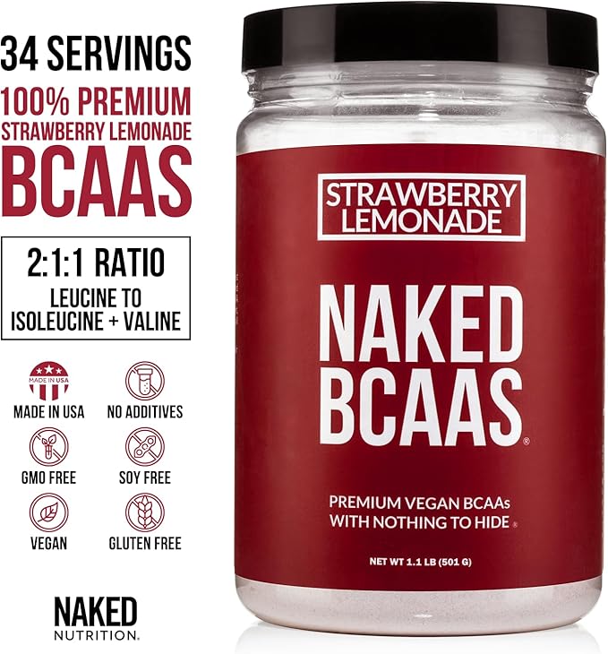 NAKED Strawberry Lemonade BCAAs Amino Acids Powder, 100% Pure 2:1:1 Formula, Vegan Branched Chain Amino Acids, Instantized All Natural BCAA Powder Supplement - 501 Grams, 34 Servings