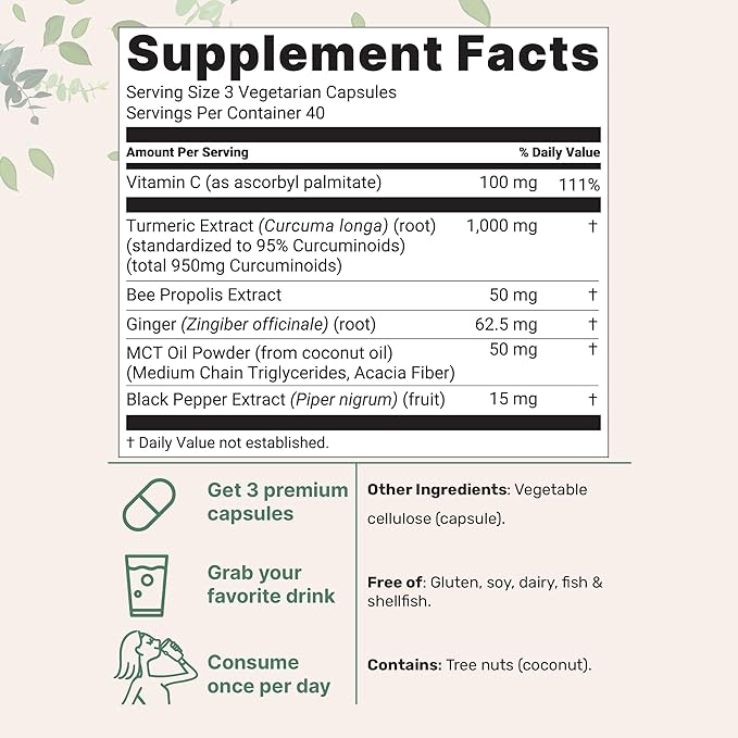 Pure Turmeric Curcumin Supplement 1,000mg | 95% Curcuminoids | 120 Veggie Capsules with Bee Propolis, Ginger, MCT Oil, Fat Soluble Vitamin C, & Black Pepper for Better Absorption | Filler Free