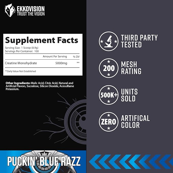 Creatine Monohydrate Powder, Micronized, Puckin' Blue Razz, Pre Workout & Post Workout Supplement for Men & Women, Energy Support, Easy to Mix in Shakes, Smoothies & Beverages, 100 Servings