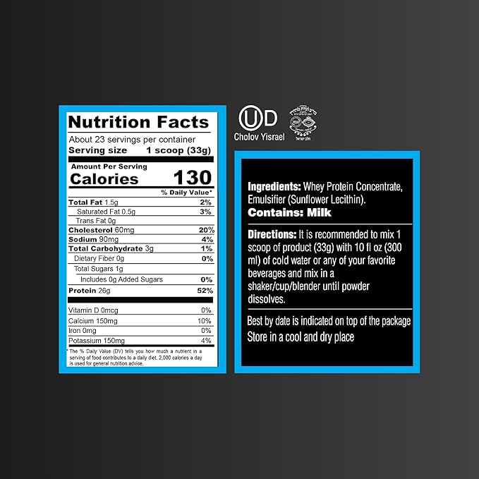 Unflavored Whey Protein Powder. Post Workout Recovery Drink, Gluten & Sugar Free, Highly Kosher, 25g Protein. Essential Amino Acids - 5.5g BCAA, 2.7g Leucine, 1.4g Isoleucine, 1.4g Valine 26.4 Ounce