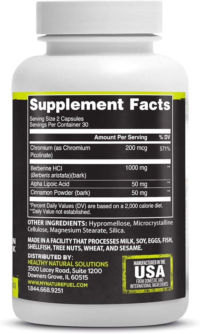 Healthy Delights Nature Fuel Berberine Capsules, Berberine Supplement, with Berberine HCl, Chromium Picolinate, Alpha Lipoic Acid, and Cinnamon Bark, 60 Count, 30 Servings