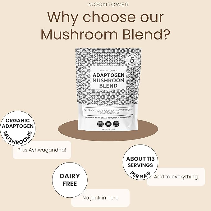 Organic Mushroom Extract Blend - Mushroom Blend Powder with Lion's Mane, Reishi, Chaga, Cordyceps & Ashwagandha - Sugar-Free Immune Support, 113 Servings