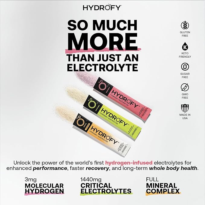 Hydrofy Hydrogen Water + Electrolytes Drink Mix | Superior Hydration Packets with Molecular Hydrogen (H2), Sodium, Potassium, Magnesium, Calcium, and Minerals | No Sugar | Raspberry 25 Ct