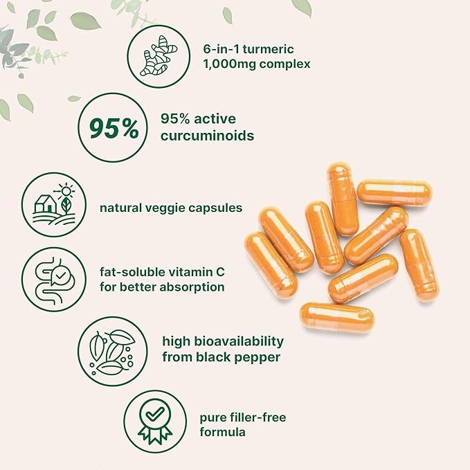 Pure Turmeric Curcumin Supplement 1,000mg | 95% Curcuminoids | 120 Veggie Capsules with Bee Propolis, Ginger, MCT Oil, Fat Soluble Vitamin C, & Black Pepper for Better Absorption | Filler Free