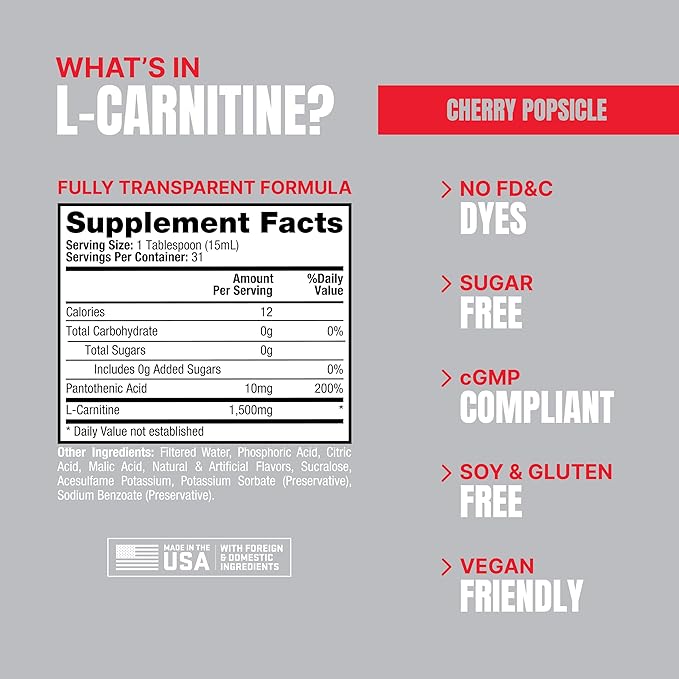 PROSUPPS L-Carnitine Liquid 1500, Stimulant-Free Liquid Shots for Men & Women - Clean Workout Drink for Energy, Performance & Muscle Recovery - No Sugar, No Carbs - 31 Servings, Cherry Popsicle