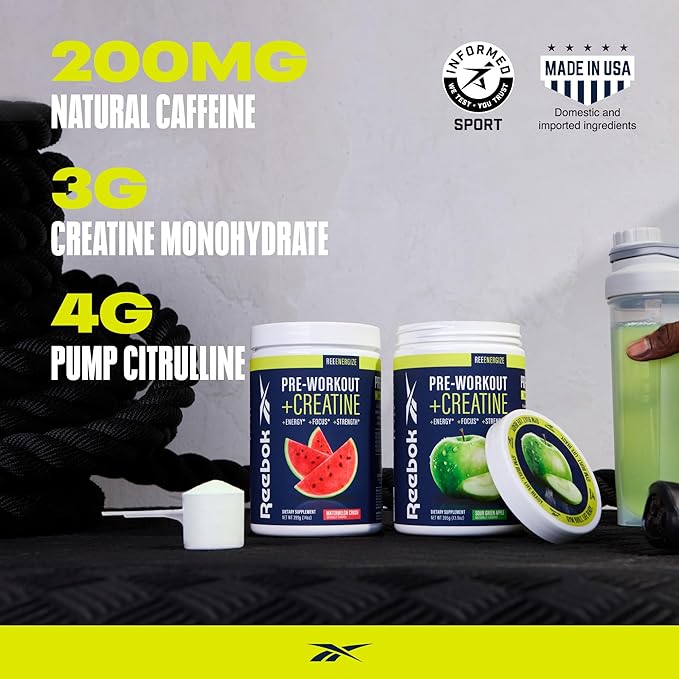 Reebok ReeEnergize Pre-Workout + Creatine | 200MG Caffeine, 3G Creatine, 4G Citrulline | Energy, Focus, Strength | Nitric Oxide Booster | 25 Servings | Sour Green Apple