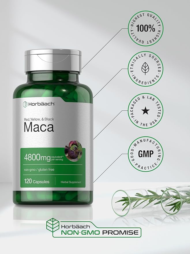 Horbäach Maca Root Capsules for Men and Women | 120 Pills | High Potency Extract | Non-GMO and Gluten Free Formula