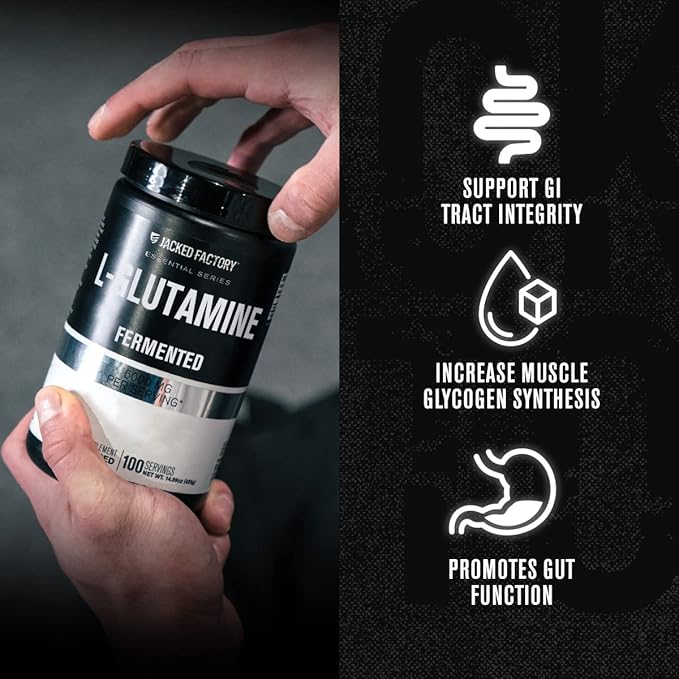 Jacked Factory L-Glutamine Powder 100 Servings - Vegan Fermented L Glutamine Supplement for Post Workout Muscle Recovery, Immunity, Digestive Health | No Artificial Filler - Unflavored