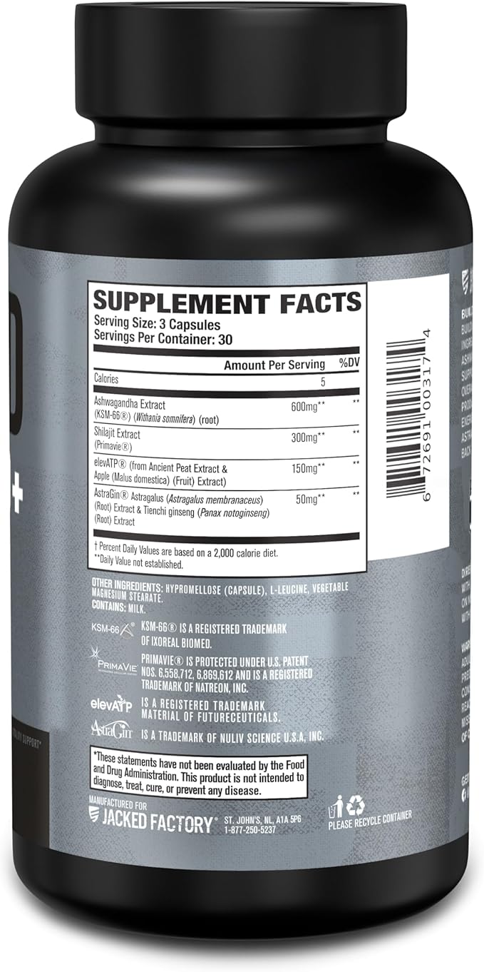 Jacked Factory Build-XT 50+ Daily Muscle Builder - Muscle Recovery Supplement & Muscle Builder for Men and Women with KSM-66 Ashwagandha, Primavie Shilajit, ElevATP, & Astragin - 90 Count