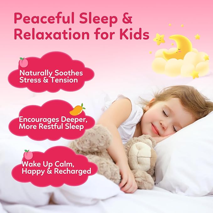 Magnesium Glycinate Gummies for Kids, Magnesium Supplement with L-Theanine, Ashwagandha, Vitamin D3 K2 for Sleep, Calm, Muscle, Relaxation, Cognitive - Sugar Free Peach & Mango Center-Filled Gummie