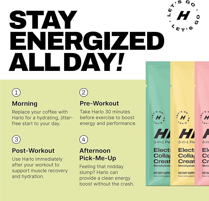 Harlo - Variety 12-Pack Electrolyte Mix with Added Bovine Collagen & Creatine - Creatine Monohydrate Powder, Energy Drink Powder, Sugar Free Energy Drinks - Citrus, Pineapple, Raspberry, Watermelon