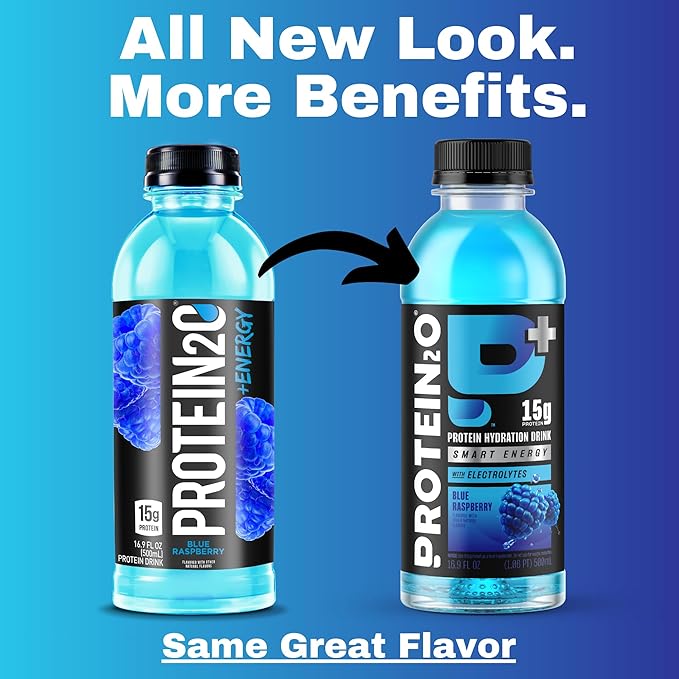 Protein2o 15g Whey Protein Isolate Hydration Drink Plus Energy & Focus, 350mg of Electrolytes, 125mg of Caffeine, Sugar Free, Blue Raspberry, 16.9 oz Bottle (Pack of 12)