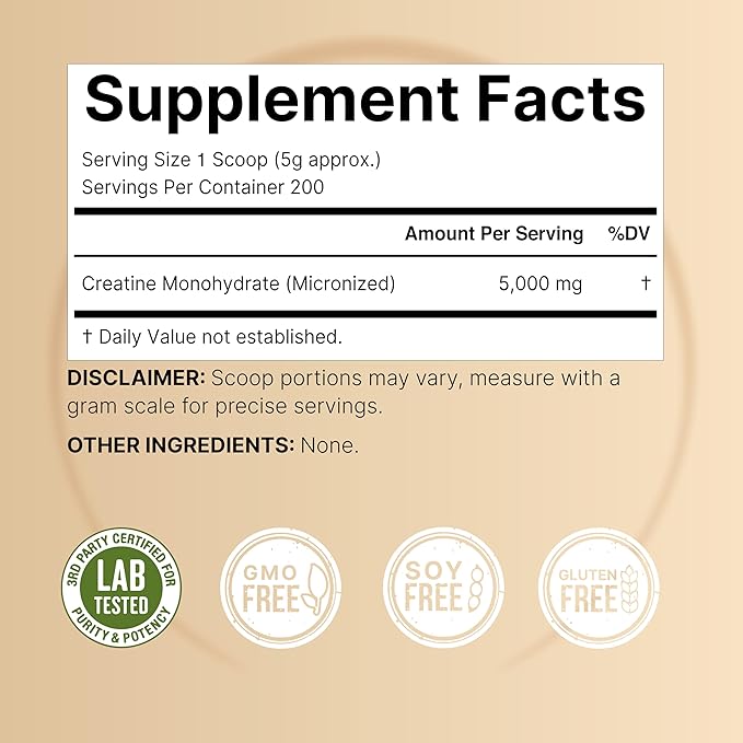 Creatine Monohydrate Powder 1000 Grams, 5000mg Per Serving | Pure Unflavored Creatine Powder – Micronized – Pre Workout – Keto – Vegan – Dissolves Easy – Filler Free – 200 Servings (2.2lbs)