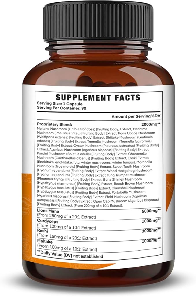 Mushroom Complex 12000mg Capsules - Lions Mane, Cordyceps, Reshi, Maitake - Nootropics Brain, Boosts Memory, Energy, Cognitive Function & Improves Focus, Immune System, Antioxidant - 90 Vegan Capsules