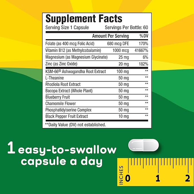 Stress Aid Supplement for Seniors | Feel Happy, Calm, Focused and Relaxed | L Theanine, Phosphatidylserine, Ashwagandha | Stress Support Vitamin Dietary Supplement | 60 Capsules