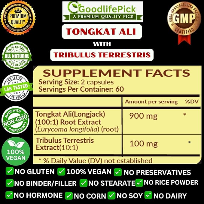Extra Strength Tongkat Ali with Tribulus Terrestris. Powerful (100:1) Longjack/Tongkat Ali Extract. 120 Veg Capsules Tongkat Ali for Men.All Natural, Non-GMO,Vegan, No Stearate, No Rice Powder