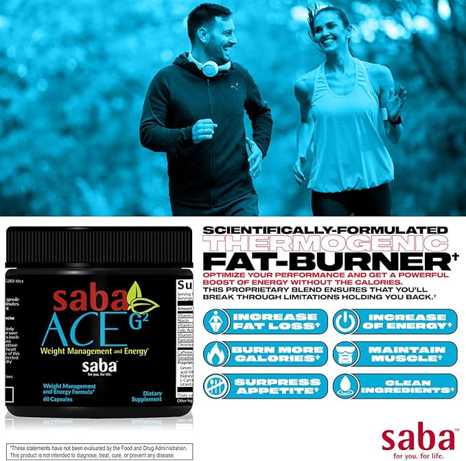Saba ACE G2 - Thermogenic Fat Burner. Weight Loss Supplement, Appetite Suppressant, & Energy Booster - Green Tea Extract,Capsimax, Garcania, Carnosyn & More - 60 Capsules