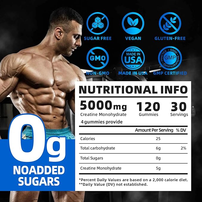 Creatine Monohydrate Gummies for Men & Women,5g of Creatine Monohydrate per Serving for Supports Muscle Growth,Strength,Performance,Sugar Free,Vegan,Pre-Workout Supplement(120 Count)-Blueberry