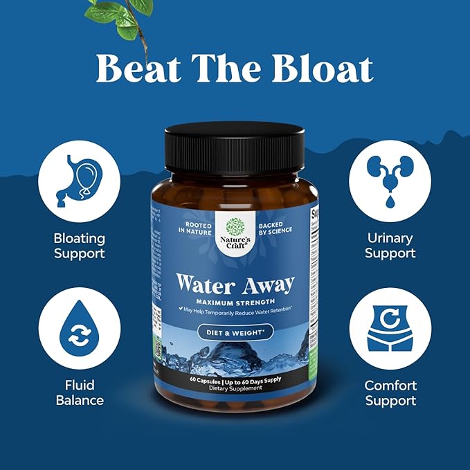Water Away Herbal Diuretic Pills High Strength - Fluid Retention Supplement with Dandelion Leaf Extract & Green Tea for Bloating Relief for Women & Men - Capsules for Leg & Feet Swelling - 60 Count