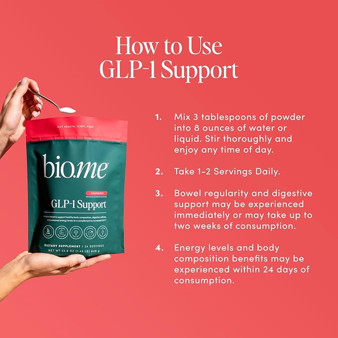 GLP-1 Support – Multi-Benefit GLP-1 Powder for Weight Management & Digestive Health – Sustain Energy Levels - Fiber, Collagen Peptides, B Vitamins, & Digestive Enzymes – 24 Servings (Raspberry)