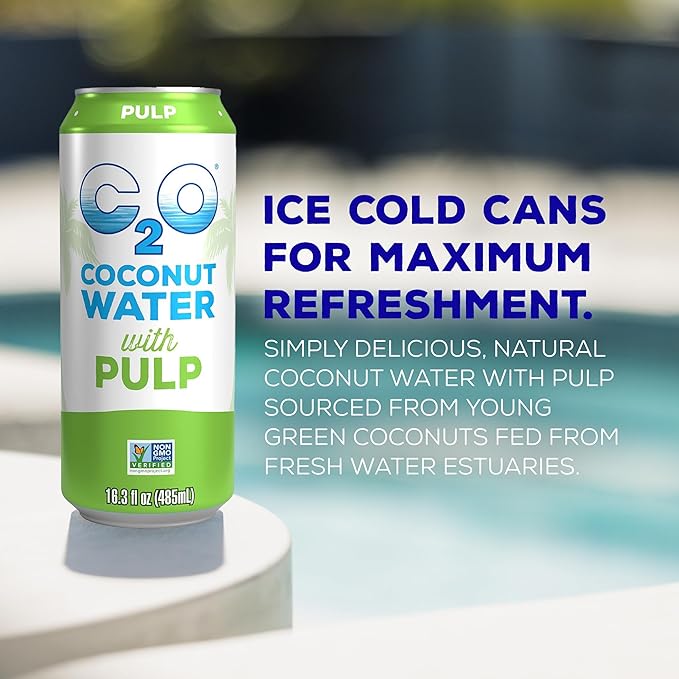 C2O - Coconut Water with Pulp (8 Pack) - Made with Fresh Coconut Water - Plant Based - Non GMO - Canned Water - Natural Hydration, Essential Electrolytes, & Potassium - 8 Cans, 16.3 FL OZ