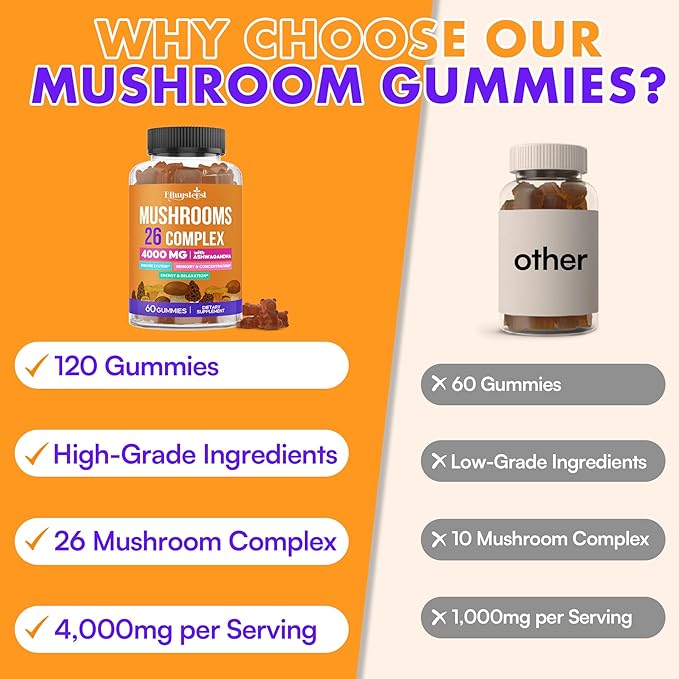 Mushroom Gummies for Adults 4000mg, Brain Supplements for Memory and Focus, 26 in 1 Mushroom Supplement Complex with Ashwagandha & Lion's Mane, Turkey Tail, Reishi, Cordyceps, Organic, 120 Count