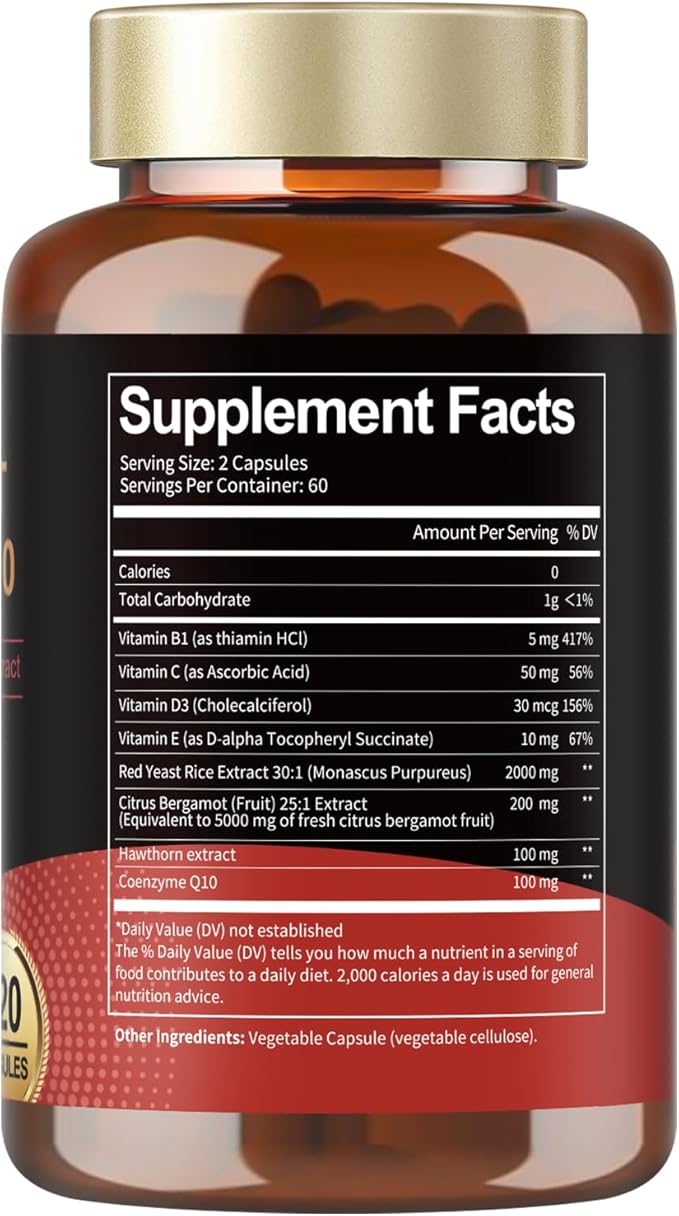 (2 Packs) Red Yeast Rice with CoQ10 Supplement - Max Strength Red Yeast Rice 2,000 mg Capsules with CoQ10 100mg Plus Citrus Bergamot - Niacin-Free, Cholesterol & Energy Supplement 3rd-Party Tested