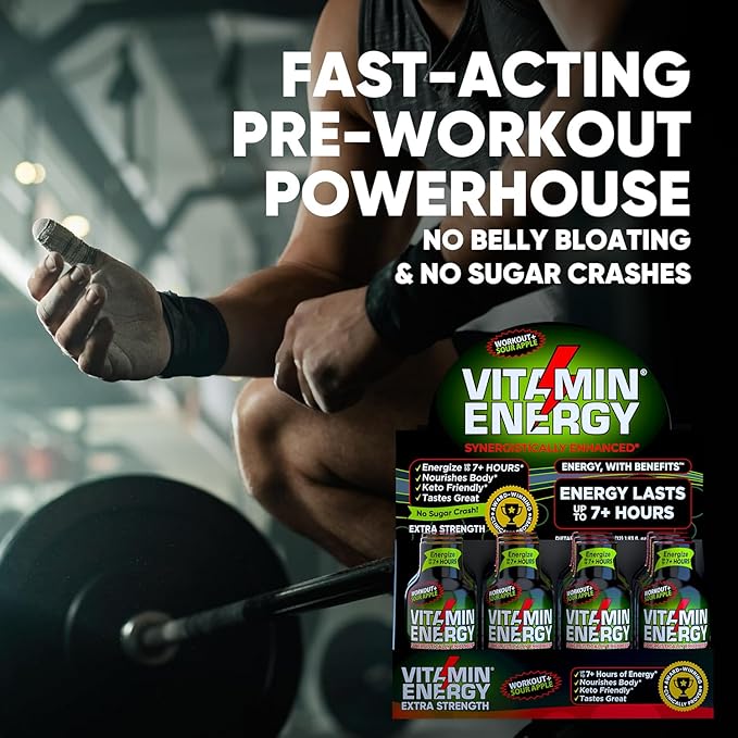Vitamin Energy Workout+ Extra Strength Daily Energy Shot – Sour Apple – 260mg Natural Caffeine, B-Vitamins – Pre-Workout & Endurance Support – Zero Sugar, Vegan, Kosher – 1.93 fl oz, 48-Pack