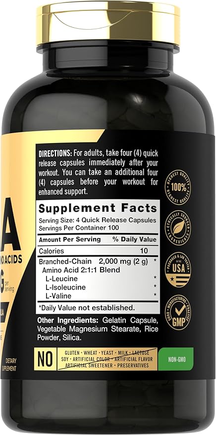 Carlyle BCAA Capsules | 2000mg | 400 Powder Pills | Amino Acids Supplement Blend | for Women and Men | with L-Isoleucine, L-Leucine, L-Valine | Non-GMO and Gluten Free