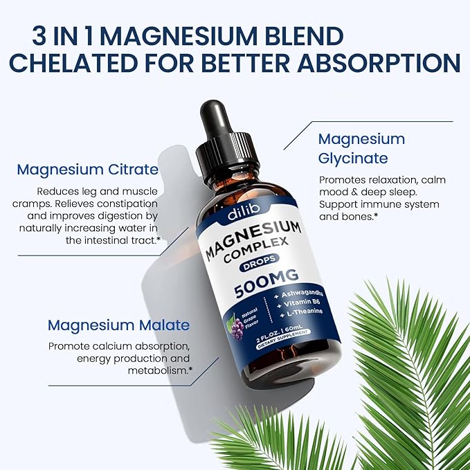 Magnesium Glycinate Liquid Drops, Magnesium Glycinate Supplement 500mg with Citrate, Malate, Ashwagandha, L-Theanine, Vitamin B6 for Sleep, Stress Relief, Bone, Muscle, Mood, Grape Flavor 2 Fl Oz