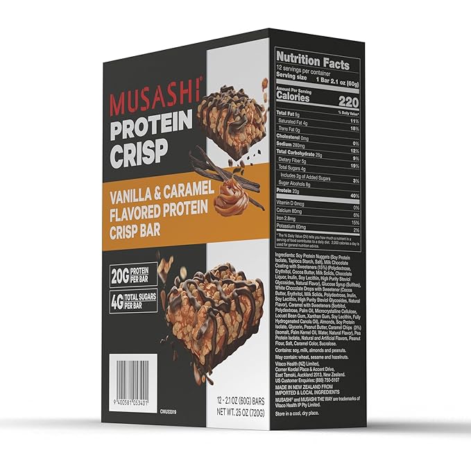 MUSASHI Protein Crisp Bar, 20g Protein, 4g Total Sugars, Vanilla & Caramel, Post Workout and Snack On The Go, 12 Pack of 2.1oz (60g) Bars