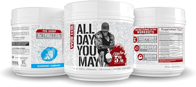 5% Nutrition Rich Piana AllDayYouMay Caffeinated BCAA Energy Powder | Premium Pre Workout Amino Energy & Electrolytes | Hydration, Endurance & Recovery | 16.08 oz, 25 Servings (Fruit Punch)