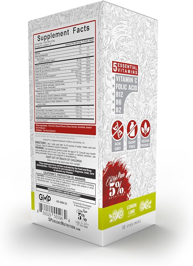 5% Nutrition Hydrate Stick Hydration Packets | Sport Electrolyte Powder Mix Packets with Coconut Water (Lemon Lime) (10 Count)
