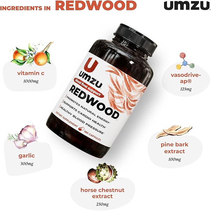 UMZU Redwood Blood Flow Nitric Oxide Supplement for Men & Women, Blood Pressure, Circulation, Stamina, Energy (30 Day Supply | 180 Capsules)