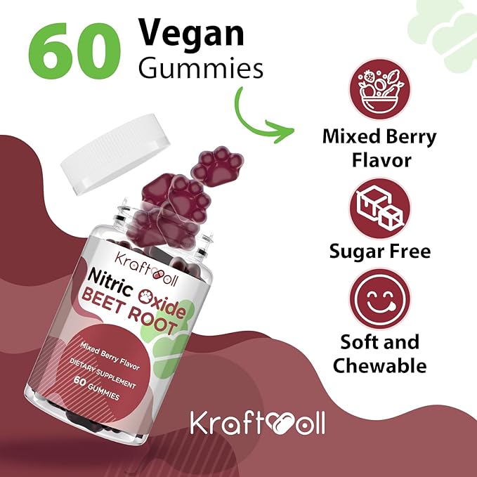 Nitric Oxide Beet Root Gummies with Grapeseed Powder, Pomegranate Powder, Vitamin C & B12 – Sugar-Free, Mixed Berry Flavor – 60 Gummies