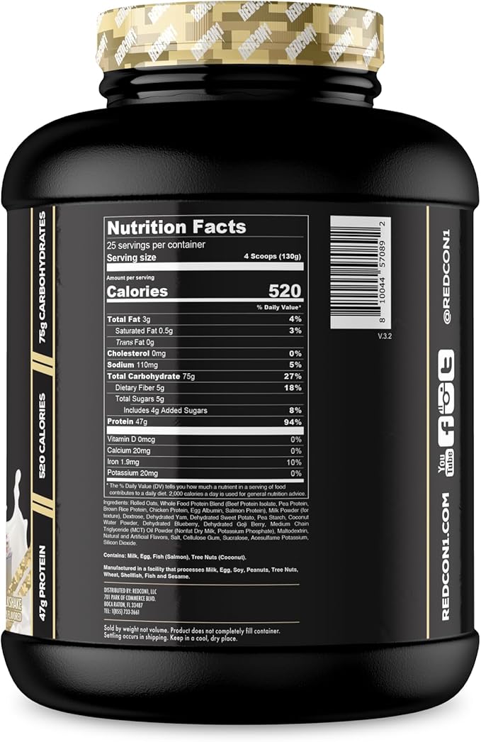 REDCON1 MRE Protein Powder, Vanilla Milkshake - Meal Replacement Protein Blend Made with MCT Oil & Whole Foods - Protein with Natural Ingredients to Aid in Muscle Recovery (25 Servings)